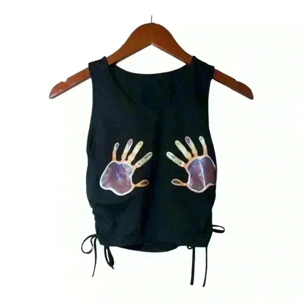Shein Graphic Handprint Sleeveless Drawstring Ruched crop tank, size small.